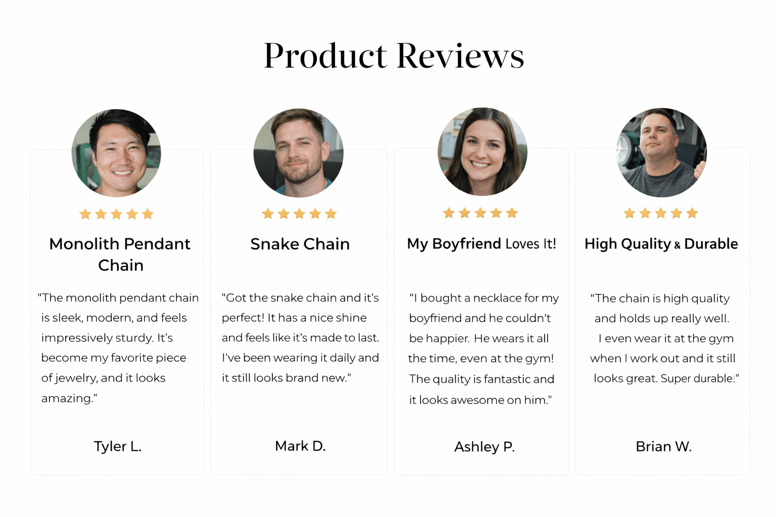 Product reviews section with user testimonials and ratings on a white background