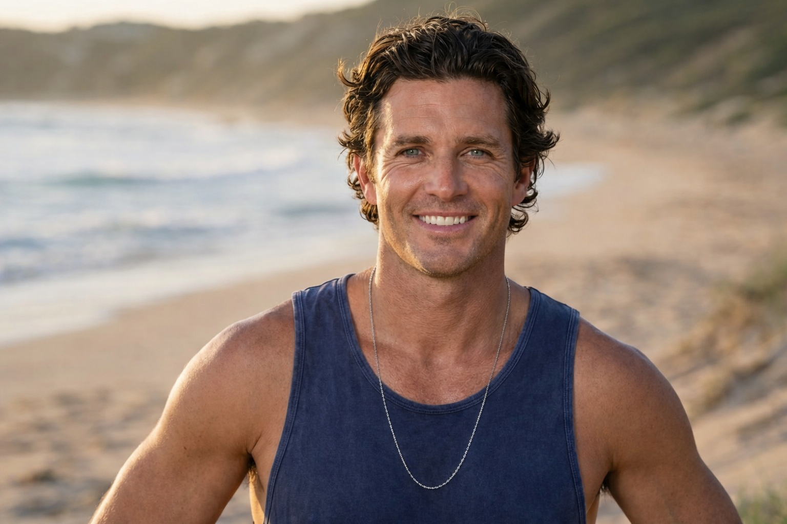 Man standing on a beach with ocean and sand dunes in the background. male model wearing MRVP & Co men’s jewellery a solid sterling silver chain 