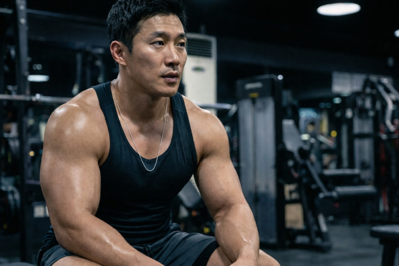 Asian male model wearing MRVP & Co men’s jewellery — a solid sterling silver chain — styled in a gym setting.